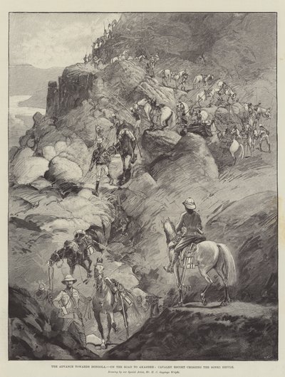 El avance hacia Dongola, en el camino a Akasheh, escolta de caballería cruzando el desfiladero de Sonki de Henry Charles Seppings Wright